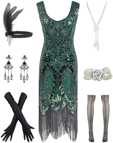 garlic scape green goddess dressing Green Gatsby Glitter Fringe 1920s Flapper Dress, Gold / 3XL