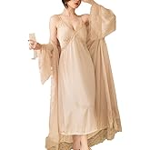 UAZNegozio 2 Piece Women Satin Nightgowns and Robe Set Sexy Lace Silk Slip Dress Long Home Suit Nightdress Sleepwear