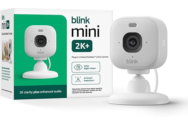 Blink Mini 2K+ (newest model) with 1-Year Basic plan â€“ Plug-in Home & Pet Security Camera with 2K video resolution, color night vision, enhanced audio, motion detection â€“ 1 camera (White)