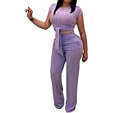 EDITCOZY Women 2 Piece Outfits Sexy Tie Front Crop Top Wide Leg Pants Sets Casual Summer Ribbed Two Piece Set