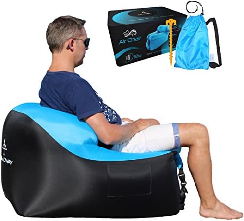 Inflatable air filled camping chair – Super easy, inflates in seconds, compact & lightweight. Ideal for beach, festivals, gaming, fishing, picnics, bedroom & travel. Includes carry bag & ground stake.