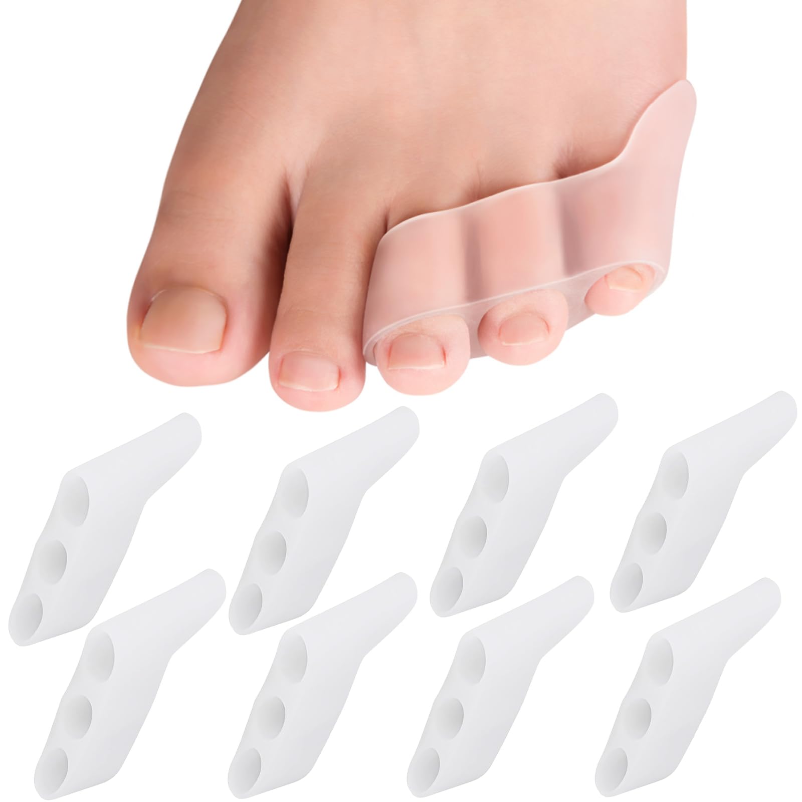 FFDASHUN Pinky Toe Straighteners - 8Pcs Toe Separators for Overlapping Toes, Bunion Corrector for Women & Men, Three-Hole Little Toe Separator