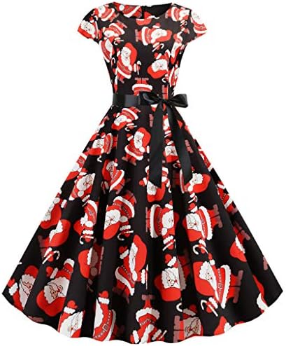 piabigka Womens Christmas Dresses Short Sleeve A-Line Vintage Xmas Dress Snowman Santa Retro 1950s Housewife Cocktail Prom Party Dress with Bowknot