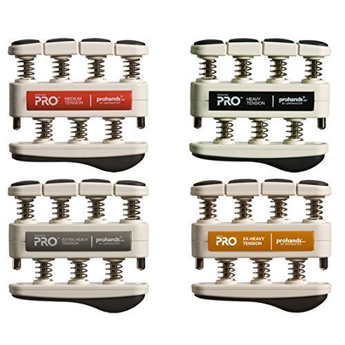Prohands PRO Hand Exerciser, Finger Exerciser (Hand Grip Strengthener), Spring-Loaded, Finger-Piston System, Isolate and Exercise Each Finger, (Set of 4) (Red, Black, Gray, Orange)