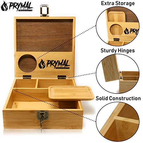 Prymal Products Extra Large Stash Box with Lock and Key and Rolling Tray - Premium Black Walnut and Bamboo Wood - Organize Your Accessories - Thumbnail 4