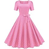 Women 50s 60s Vintage Polka Dot Square Neck Cocktail Swing Dress Short Puff  Sleeve 1950s Audrey Hepburn Retro Rockabilly Prom Dress Tie Waist Pleated  Wedding Formal Tea Party Gown with Belt Yellow