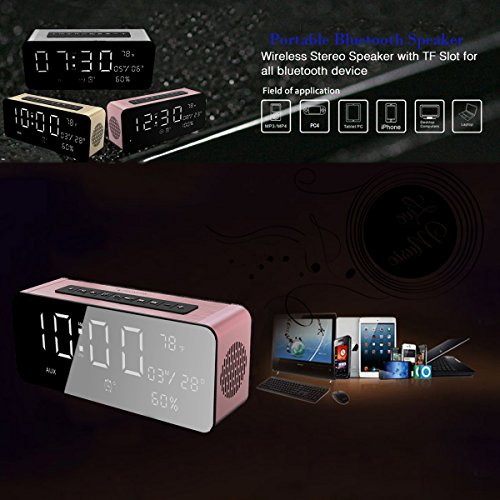 Orionstar Portable Bluetooth Alarm Clock Radio Speaker with HD Sound & Big Digital Screen Compatible with iPhone/Android/PC4/Aux/Micro SD/TF/USB for Bedroom Office Model A10 Pink with Wall Charger