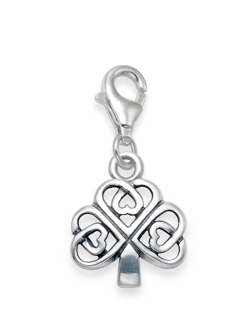 Sterling Silver Celtic Charm - SIZE: 11mm x 10mm. Gift boxed silver clover clip-on charm. 8158TR.