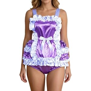 Guomenuan Adult French Sissy Crossdresser Purple Red Satin Sling Jumpsuit Customizable Party Daily Cosplay Outfit