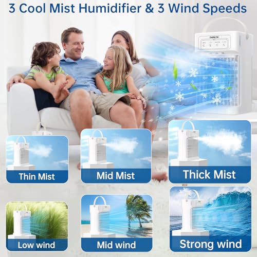 Portable Air Conditioner Cooling Fan, 1100ML Air Conditioning Unit with 3 Wind Speeds, Personal Air Cooler Fan with 7 LED Light, 2-8 Adjustable Timer, 3 Cool Mist Modes Ice Fan for Bedroom Car Office