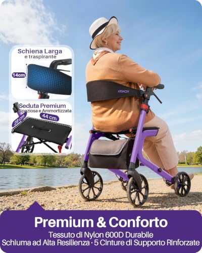 Kekoy Deambulatore per Anziani 4 Ruote con Seduta, Pieghevole, 181 kg Portata, Sedile 44 cm Largo, Ruote 25 cm Per Tutti I Terreni, Altezza Regolabile, Freni con Cavi Nascosti, Portaoggetti, Viola