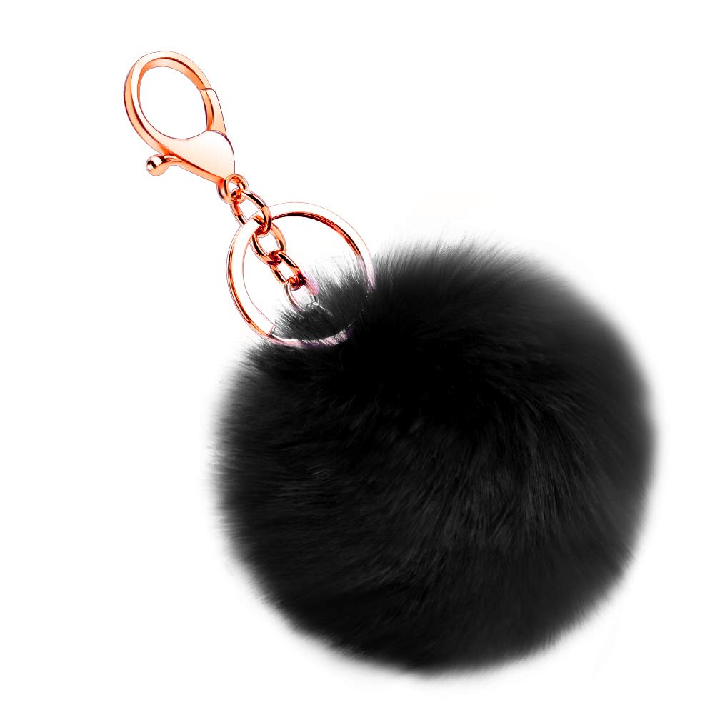Soleebee Soft Artificial Rabbit Fur Keychain Fluffy Ball Key Ring Cute Pom Pom Bag Charm for Women Girls (Black)