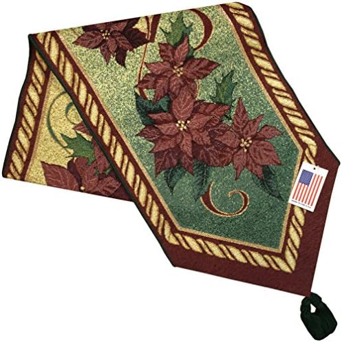 Manual Christmas Flower Poinsettia Ribbon Bordered Unlined Tapestry Tablerunner TFLW72 13X72" Multi