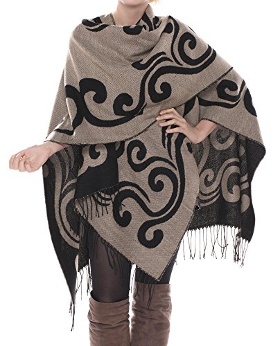 BYOS Womens Winter Reversible Swirl Pattern Open Front Shawl Warp Ruana (Black Beige)