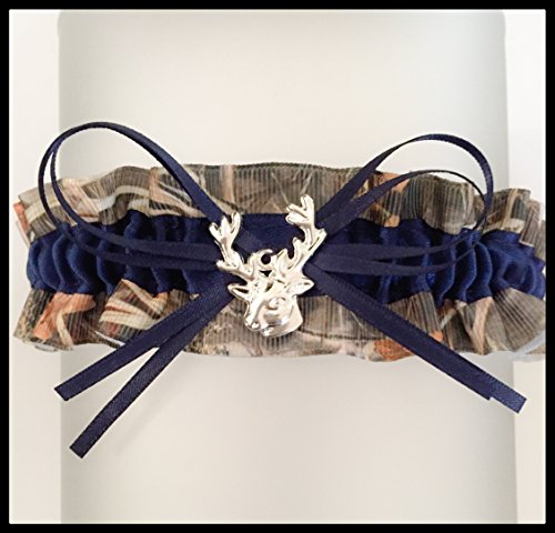Camouflage Navy Blue Satin Camo Prom Wedding Keepsake Bridal Garter - Deer Head Charm