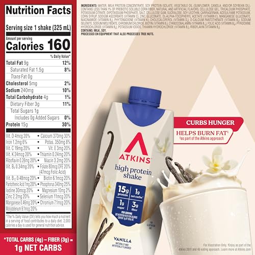 ATKINS VANILLA HIGH PROTEIN SHAKE, 15G PROTEIN, LOW GLYCEMIC, LOW CARB AND LOW SUGAR PROTEIN SHAKES, KETO FRIENDLY READY TO DRINK SHAKES, 12 VANILLA FLAVORED PROTEIN SHAKES