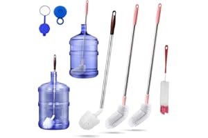 MUSIBO Bottle Brush, 3 Pack Long Handled Bucket Brushes with 1 Smaller Bendable Bottle Brush and 2 Water Jug Caps, Stiff Nylon Bristles, Suitable for Cleaning 1 to 5 Gallon Buckets, Glassware, Mugs