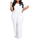 ANICECUT Plus Size 2 Piece Sets for Curvy Women Sexy Fall Short Sleeve Tops Casual Wide Leg Pants Sets Sweatsuits