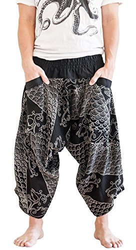 BohoHill Ninja Warrior Samurai Active Harem Pants Unisex Black Japanese Waves