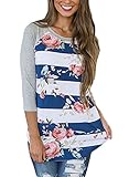 CEASIKERY Women's Blouse 3/4 Sleeve Floral Print T-Shirt Comfy Casual Tops For Women,Blue+white,(US 12-14) Large