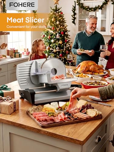 FOHERE Cortadora de Fiambre 250W, Cortadora de Carne y Pan con Cuchillas Serradas y Lisas de 19cm, Espesor Ajustable 0–15mm, Bloqueo de Seguridad, Pies Antideslizantes, Fácil de Limpiar