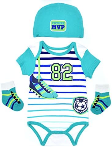 Baby Boys' Bodysuit 3 pcs Set, FootBall Club, Blue, 6M