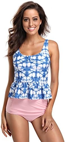 Dailybella Women Printed High Neck Halter Peplum Tankini Tops High Waisted Bikini Swimsuit