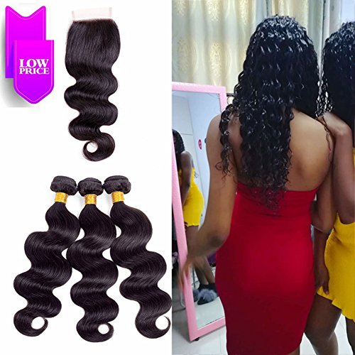 3 Bundles Brazilian Body Wave Hair with Closure, Brazilian Body Wave Bundles With Closure, Body Wave Hair Extensions with Closure, Soft Untangled Silky Thick(18&20&22 +16)