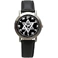 Hebrew Numbers Brushed Chrome Unisex Size Round Watch Has Star of David and Chai On Black Dial with Black Stitched Leather Strap