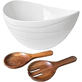 Qlans Ceramic Oval Salad Bowl Set, Comes with Wooden Salad Utensils - Large Mixing Deep Bowl, Large Capacity 116OZ