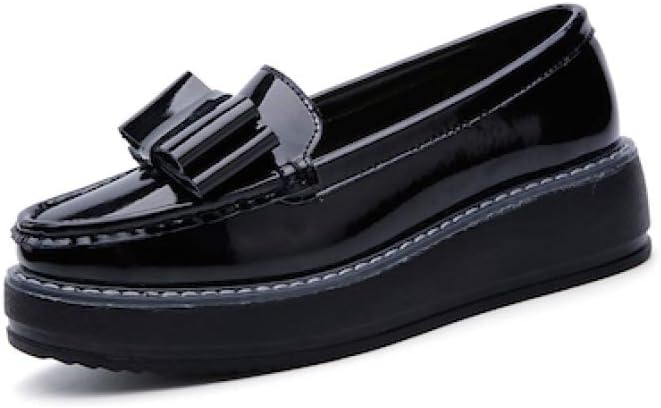 StarttWin Women Platform Shoes Loafers Round Toe Bowknot Patent Leather Slip-on Wedge Flats Boat Shoes