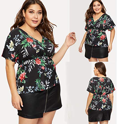 TnaIolral Women Deep V-Neck Printed Plus Size Tops Loose T-Shirt Blouse Black