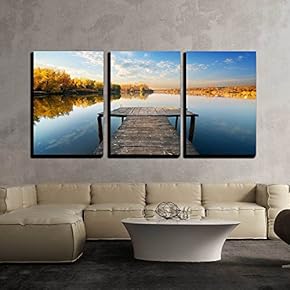 3 Piece Canvas Wall Art - Bridge for Fishing in Sunny Autumn Day - Modern Home Art Stretched and Framed Ready to Hang - 16"x24"x3 Panels
