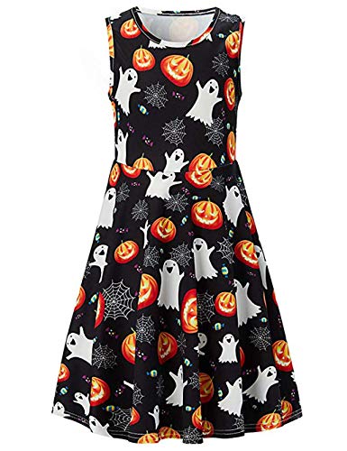 ALOOCA Girls Halloween Pumpkin Ghosts Spider Webs Print Sleeveless Dress Party Sundress