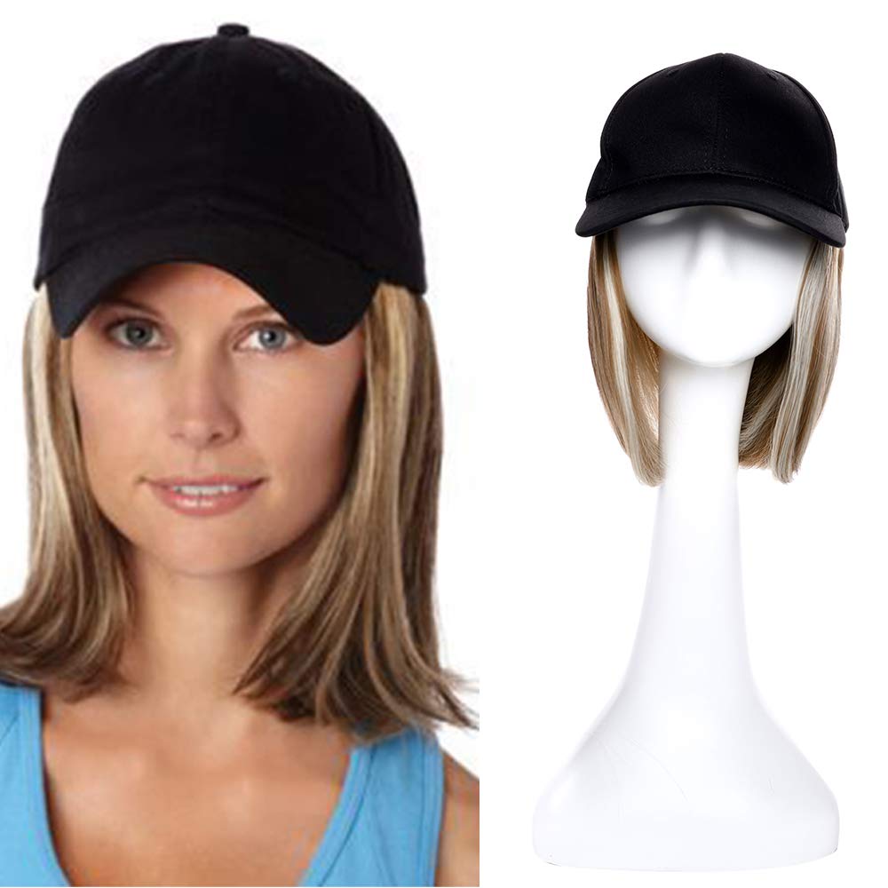 6 Inch Baseball Cap With Hair Extensions BOB Synthetic Hair With Attached Black Hat With One Piece Hair Extensions For Women - Brown & Bleach Blonde