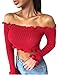 OQC Women's Sexy Off Shoulder Crop Tops Strapless Long Sleeve Casual Tube Rib-Knit Tee Red