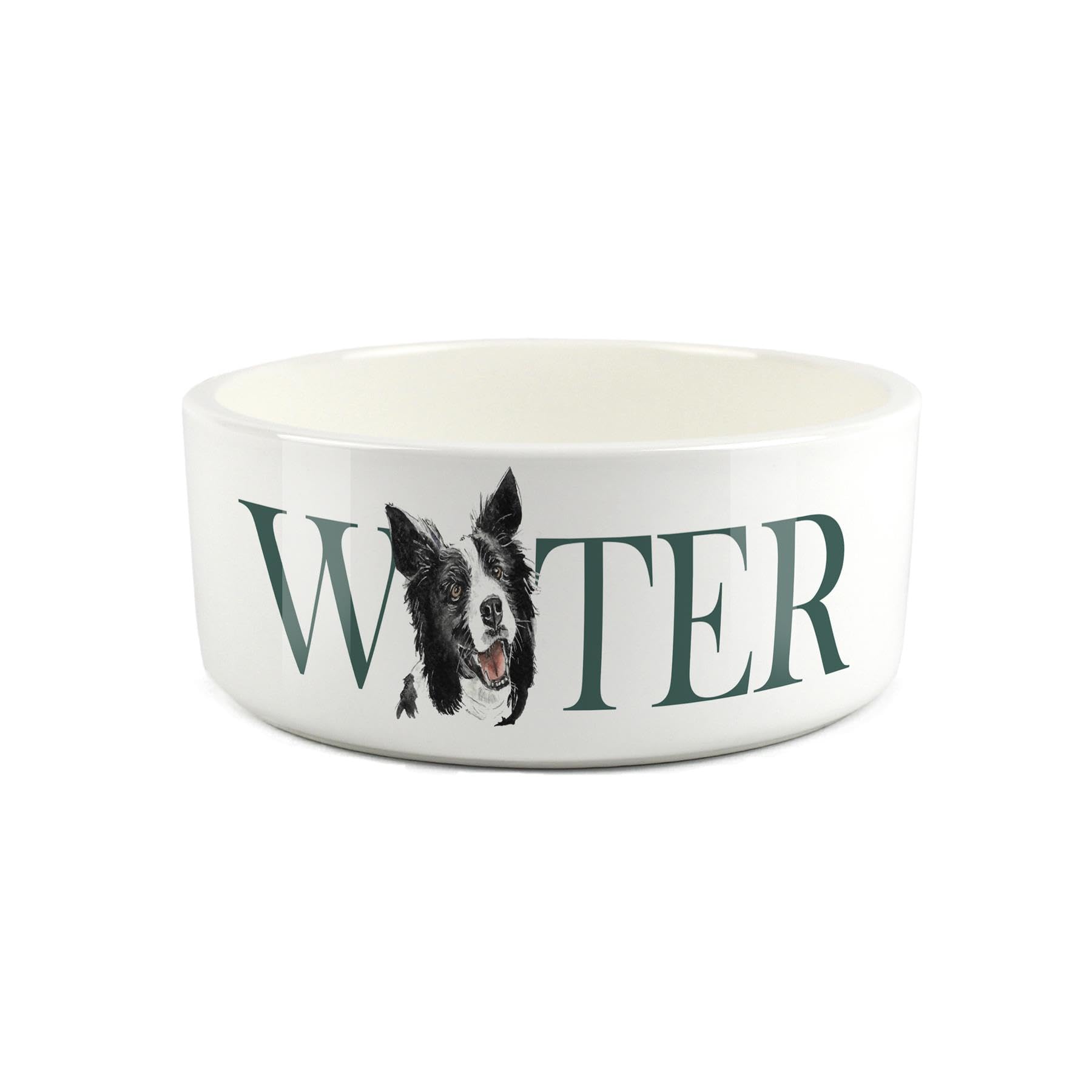 Border Collie Pet Bowl - Farm Dog Large Ceramic Water Bowl - White Water Dish For Dogs
