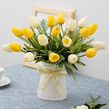 YILIYAJIA Artificial Tulips Flowers with Ceramics Vase Fake Tulip Bridal Bouquets Real Touch Flowers Arrangement for Home Table Wedding Office Decoration(Yellow&Beige)