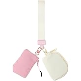 Mini Zip Around Wristlet Wallet for Women, Dual Pouch Keychain Wallet, Compact Organizer for Cards, Coins, And Keys for Travel (White, Pink)