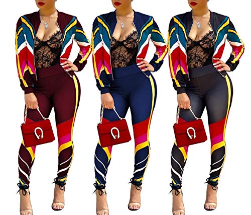 Women's Floral Print 2 Piece Set Open Front Zipper Jacket and Skinny Long Pants Plus Size Tracksuit