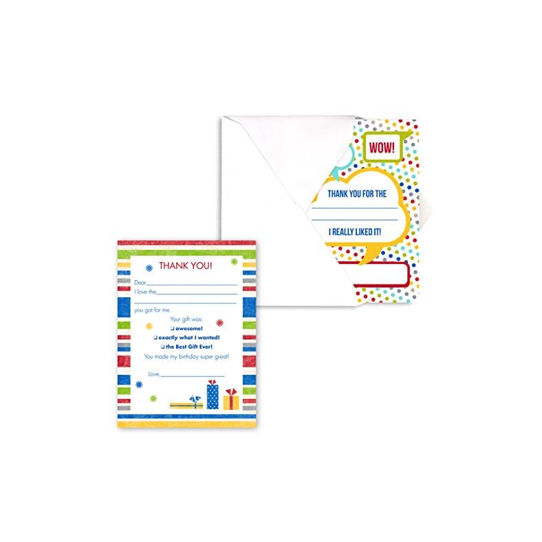 Dots and Stripes Kids Thank You Note Card Pack / 20 Fill In Childrens Colorful Thanks Cards With White Envelopes / 4 5/8…