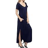 Match Women's Casual Short Sleeve Loose V-Neck Midi Dress with Side Pockets