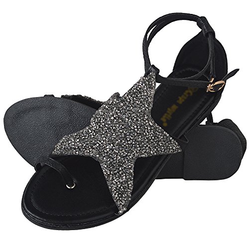 Yaheeda Crystal Bling Sandals Shoes Women Casual Roman Gladiator Star Strap Flat Rhinestone Slingback Ankel Strap - Thumbnail 2