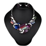 Girl Era Womens Modern Art Square Laminations Resin Bib Statement Necklace & Stud Earrings Set(purple)