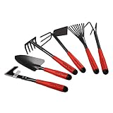 FLORA GUARD 6 Piece Garden Tool Sets - Including Trowel,5-Teeth rake,9-Teeth Leaf rake,Double Hoe 3 prongs, Cultivator, Weeder, Gardening Hand Tools with High Carbon Steel Heads