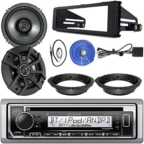 JVC Single DIN Marine Bluetooth AM/FM CD Stereo Receiver, 2X Kicker 6.5" 300 Watt Max 2-Way Car Audio Speakers w/Adapters, Stereo Install Kit 1998-2013 Harley Motorcycles, Antenna, Speaker Wire