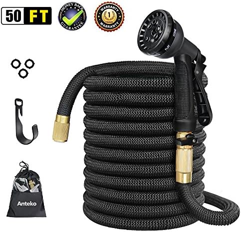 Expandable Garden Hose, Anteko 50ft Strongest Expandable Water Hose, 8 Functions Sprayer With Double Latex Core, 3/4" Solid Brass Fittings, Extra Strength Fabric - IMPROVED Expanding Hose