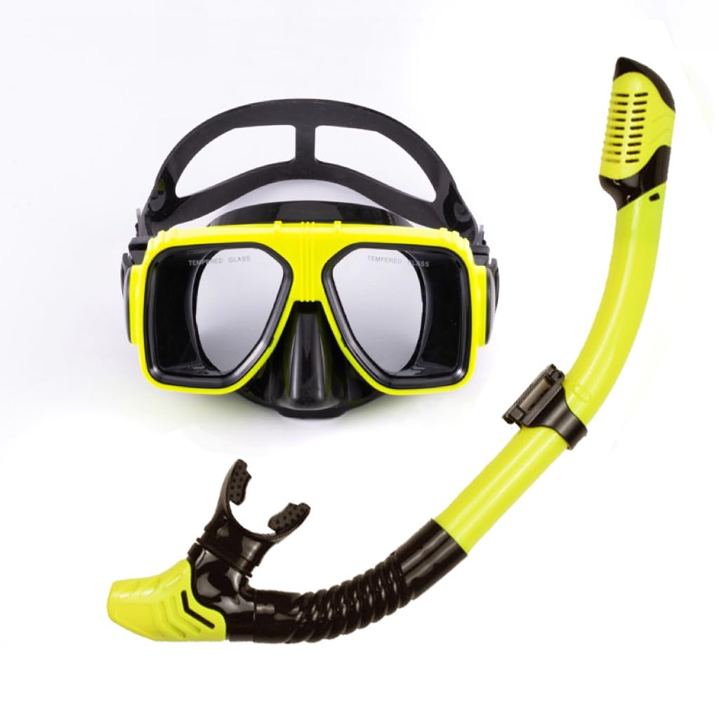 Mask & Snorkel Set – Tempered Glass Swimming Diving Goggles - Adjustable Head Strap Anti-Fog Snorkeling Package - Adult Scuba Dry Snorkel Set for Man Woman (Yellow)