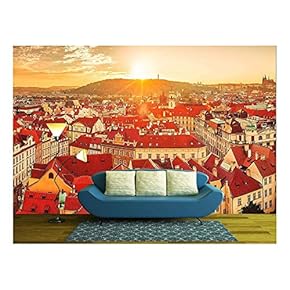 Top View to Red Roofs Skyline of Prague City Czech Republic - Removable Wall Mural | Self-Adhesive Large Wallpaper - 66x96 inches