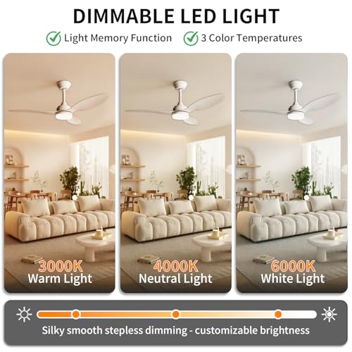 YrgePowk 106CM Ventilateur Plafond avec Lumiere avec Telecommande, 60W Plafonnier Ventilateur Silencieux 6 Vitesses Du Vent Réversible, Ventilateur de Plafond 3 Couleurs Timer Mémoire